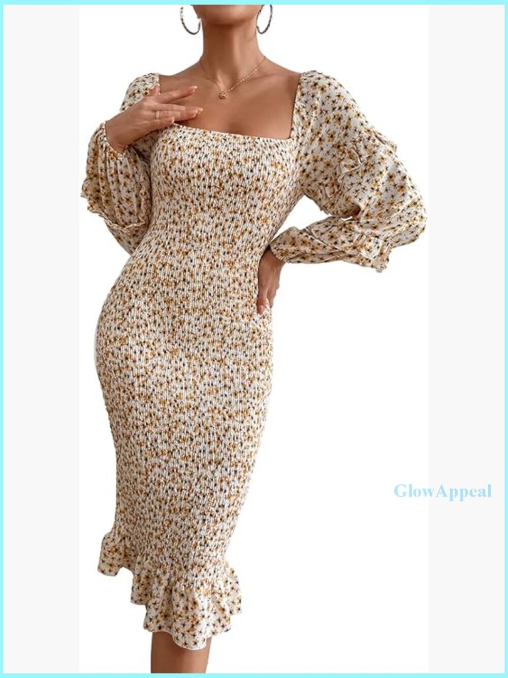 Long Puff Sleeve Floral Midi Bodycon Dress Square Neck Ruffle Mermaid